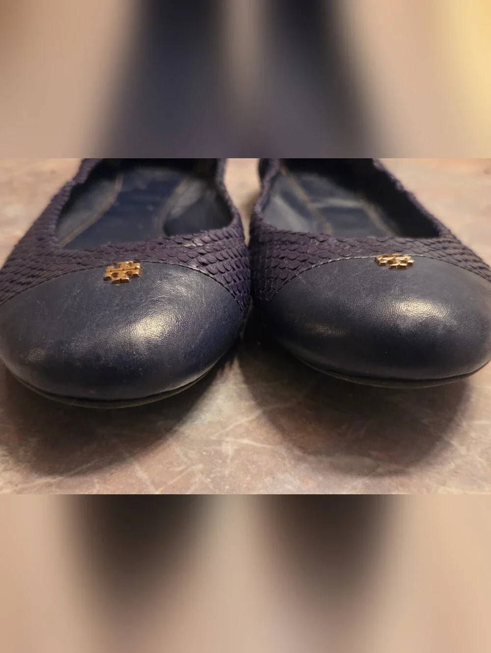 Tory Burch Purple Textured Leather Logo Ballet Flats